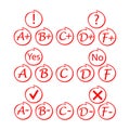 Set icon. Grade result A,B,C,D, F plus, minus. Hand drawn vector sing in red circle. Test exam mark report. Symbols of exclamation